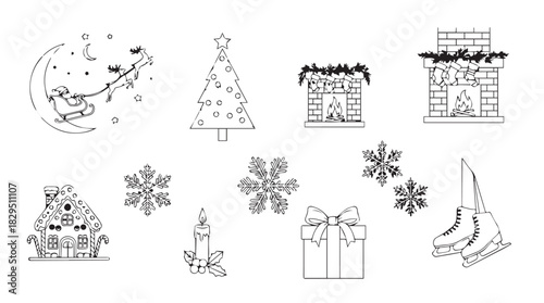 Collection of ten festive christmas holiday icons and elements in a clean minimalist line art silhouette style for seasonal design