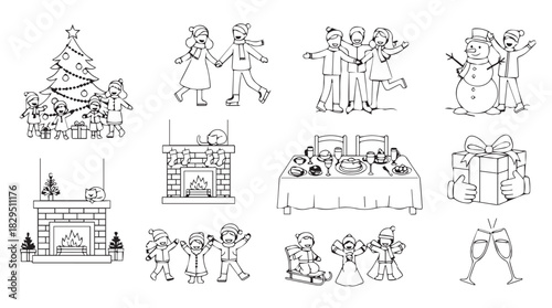 Collection of festive christmas holiday illustrations in a charming hand drawn silhouette style perfect for seasonal designs and decorations silhouette