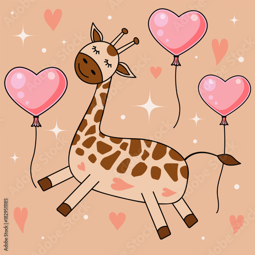 Cute Giraffe Funny Cartoon Character and Balloons