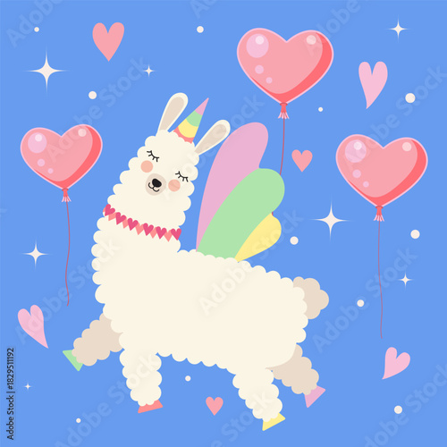 Cute Alpaca Unicorn and Balloons Flying in the Sky