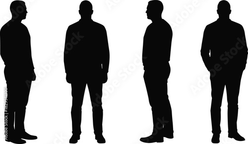 Standing Man Silhouette Set, Black Vector Collection of Male Figures in Front and Side Profile Views for People and Design Elements