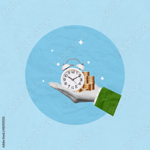 Quick money, Time is money, coins, investment, control or make decision. Creative art collage of clock with pile of coins in man hand