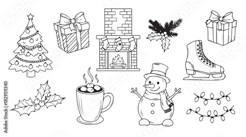 A charming collection of hand drawn christmas icons in a simple black and white silhouette style perfect for holiday designs silhouette