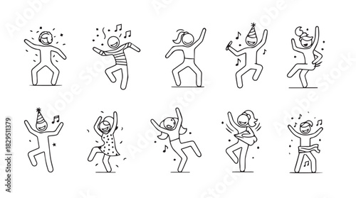 Ten playful cartoon figures in a dynamic silhouette style dancing and celebrating with confetti and musical notes silhouette