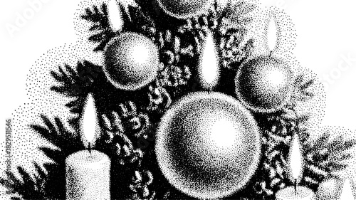 Christmas tree with ornaments and candles. Black and white vector illustration featuring decorative elements and evergreen textures in a set.