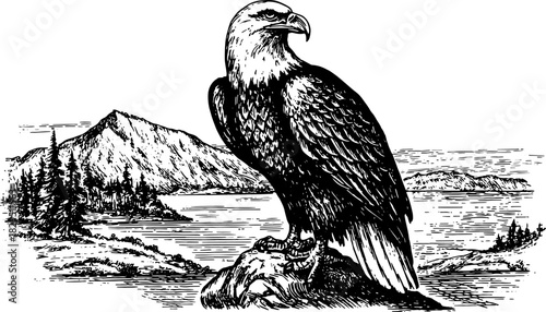 Eagle perched in a scenic landscape with mountains and a lake. This vintage line drawing is a black and white vector illustration.