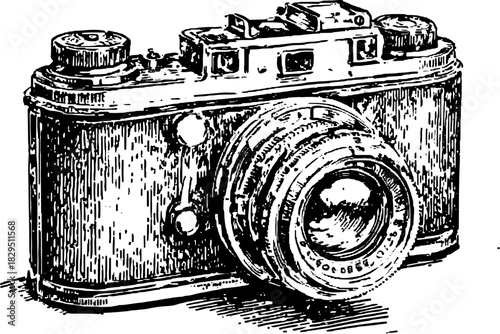 Vintage camera with detailed lens in black and white sketch style. Analog device vector illustration.