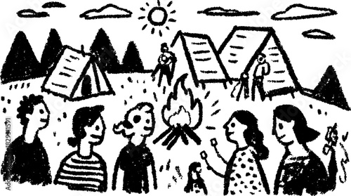 Camping with friends around a campfire. Outdoor vector illustration featuring tents, trees, and people enjoying their time together.