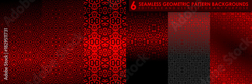 Six Seamless Red Geometric Patterns: Dark Cyber Backgrounds for Technology Design | Futuristic Neon Red Patterns: Editable Seamless Digital Graphics on Black Background