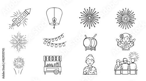 Collection of festive and celebratory icons in a hand drawn silhouette style including fireworks lanterns and people enjoying an event silhouette