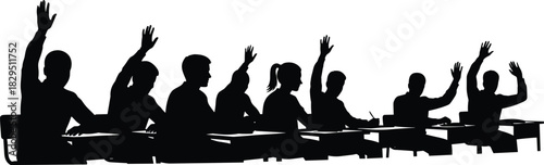 Students Raising Hands in Classroom Silhouette, Black Vector Graphic of Active Learners Sitting at Desks, Symbolizing Education, Participation, and Learning