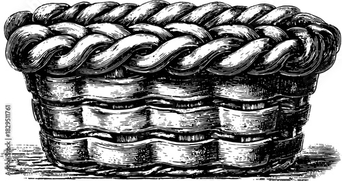 Vintage basket engraving in black outline style. Hand-drawn vector illustration of a woven storage container, showcasing traditional craftsmanship.