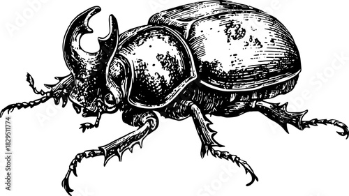 Antique bug illustration of a beetle. Detailed hand-drawn outline in black, showcasing a vintage style in this vector illustration.