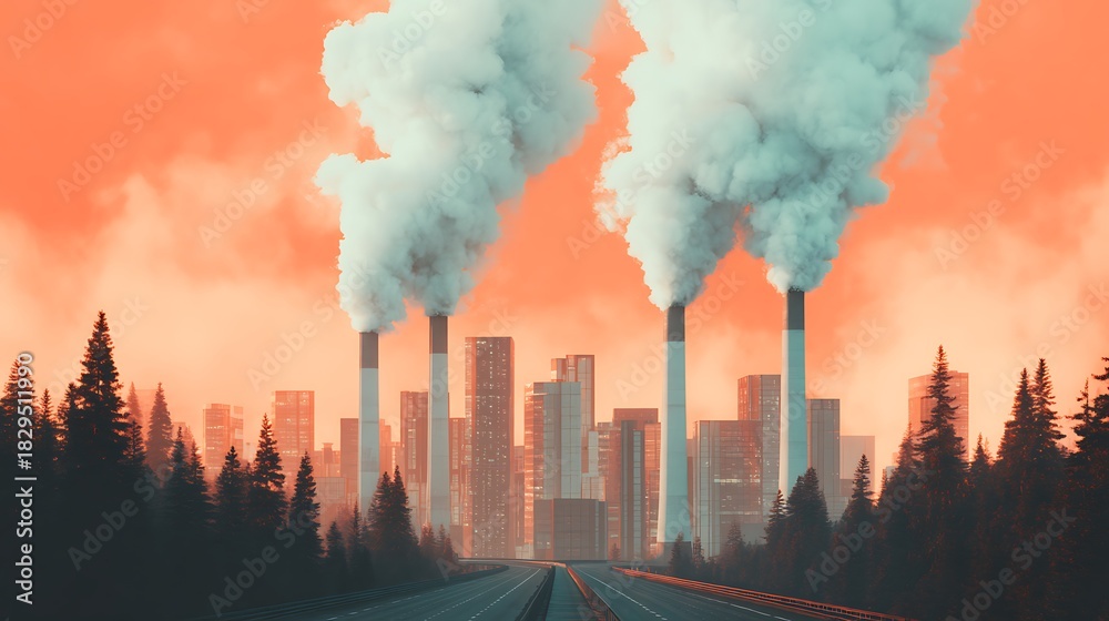 Obraz premium A cityscape featuring industrial smokestacks emitting pollution against a vibrant orange sky, surrounded by a forest and a road leading towards the urban area.