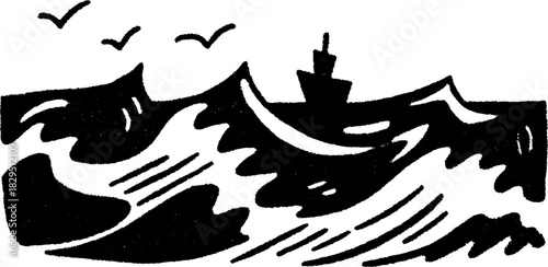 Ship silhouette on ocean waves, depicted in black outline drawing. Simple vector illustration emphasizing maritime nature and environment.