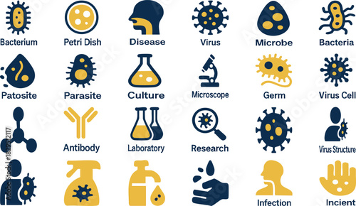Microbiology Iconography: An array of detailed icons representing various aspects of microbiology, including bacteria, viruses, laboratory equipment, and research tools.