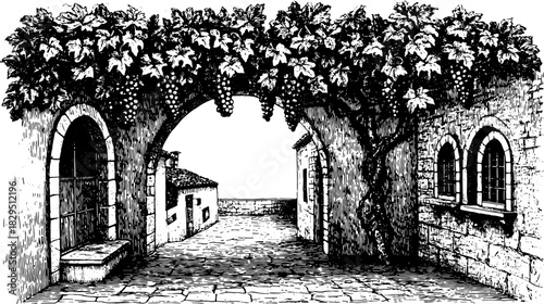 Urban archway with hanging grapes and old buildings. Traditional street vector illustration capturing a serene outdoor scene.