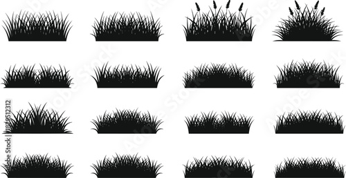 Vector Silhouette Collection of Green Grass Tufts and Field Patches, Featuring Different Shapes and Weeds, Perfect for Nature Graphics and Borders