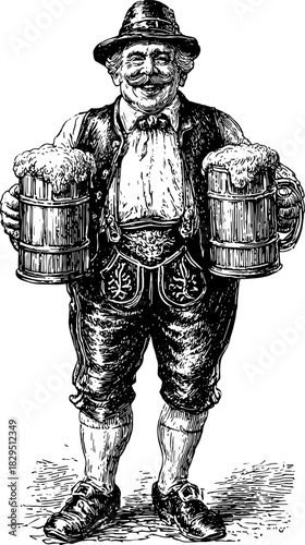 Man holding beer jugs in vintage style. Hand-drawn engraving illustration showcasing a portly brewer with jugs in a set representing craft beer.