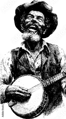 Banjoplayer illustration in antique style. Vintage engraving featuring a smiling man with a banjo. Hand-drawn vector art set.