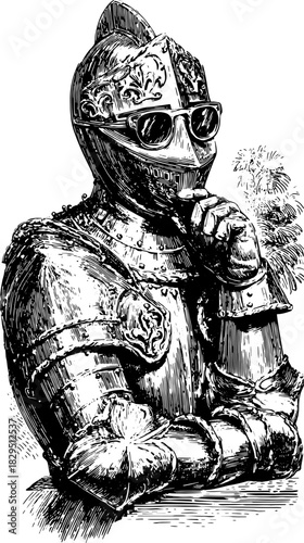 Knight silhouette in an antique engraving style. Hand-drawn vintage illustration features a knight wearing sunglasses; a classic armor design vector illustration.
