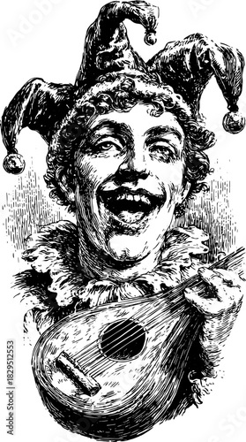 Clown musician playing a mandolin in vintage style. Hand-drawn black illustration with fine details, perfect for artistic vector use.