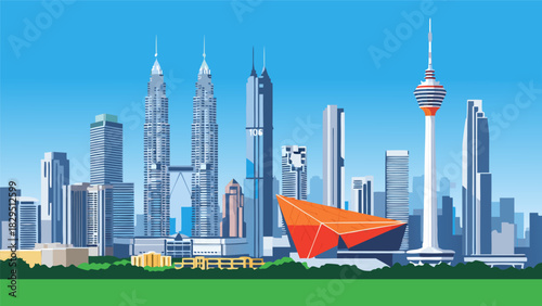 Modern Cityscape Skyline with Iconic Buildings and Greenery under a Clear Blue Sky