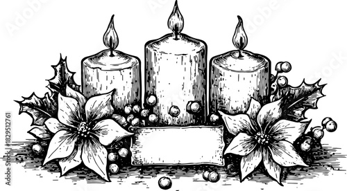 Three candles surrounded by flowers and holly leaves. Hand-drawn black and white vector illustration, perfect for greeting cards.