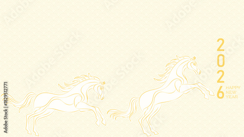 Minimalist Line Art Horse Illustration with Gold Outline and Cream Wave Pattern Background for Lunar New Year 2026 Celebration Banner and Festive Holiday Greeting Design