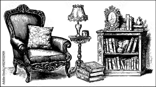 Vintage chair and lamp with bookshelf full of books. Black outline vector illustration depicting classic interior design elements set.
