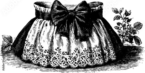 Vintage skirt illustration with intricate details. Black and white engraving features a bow and floral elements in a vector set.