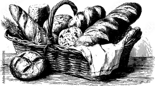 Vintage engraving of a bakery basket featuring various breads. This classic illustration is in a hand-drawn vector style.
