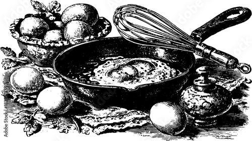Egg in a pan with a whisk and bowl. Vintage engraving illustration showcasing kitchenware and cooking ingredients. Retro vector art set.