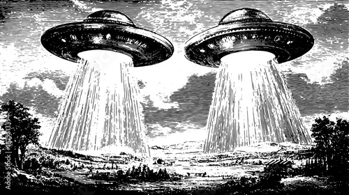 UFO engraving with beams of light in an antique style. Vintage vector illustration depicting a landscape with trees and mountains in a unique set.