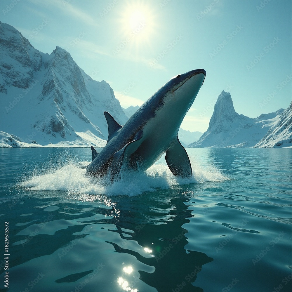 Fototapeta premium Majestic shark leaps from icy waters under bright sun Generative AI