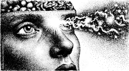 Portrait of a brain and eye combination. Detailed black and white vector illustration depicting thought and imagination in a unique style.