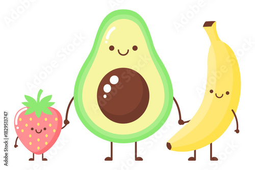 Cute cartoon fruit characters holding hands, strawberry, avocado, and banana