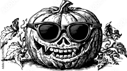 Engraved pumpkin with a skull face wearing sunglasses. Vintage black outline illustration perfect for Halloween in a single set.