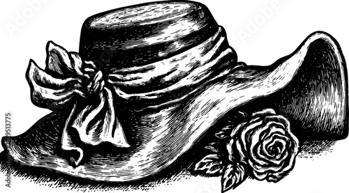 Vintage hat with a floral decoration in a hand-drawn style. Black outline vector illustration showcasing a classic fashion accessory set.