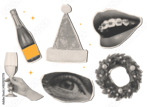 Set of christmas halftone collage elements,New Year clipping paper stickers