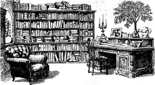 Library interior with vintage furniture including a desk, chair, and shelves. Detailed engraved illustration of a cozy study set with a tree and lighting.
