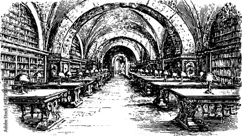 Antique library interior in engraved style. Features detailed bookshelves, tables, and lamps in this library vector illustration.