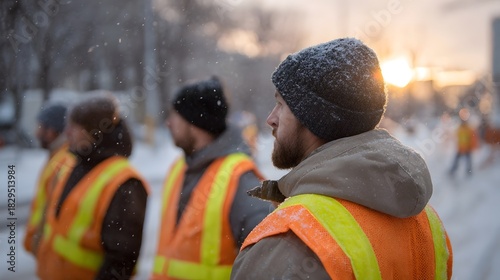 Workers in reflective vests stand in falling snow during a winter sunset
