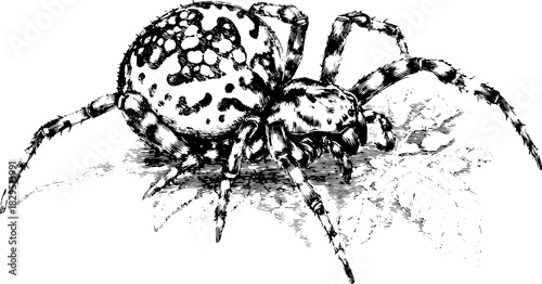 Spider illustration in retro engraving style. Detailed black outline vector representation of an insect in a vintage set.
