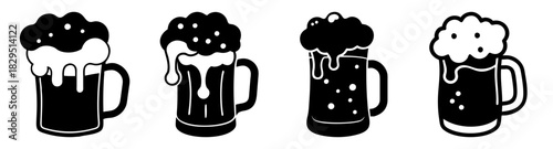 Four beer mugs with overflowing foam in black and white vector illustration style artwork design