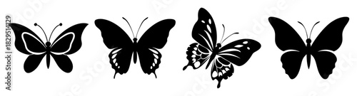 Four butterflies in black silhouette arranged side by side with varying wing patterns and antennaes