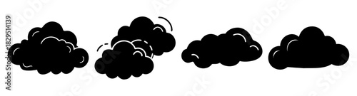 Illustration of several black cloud like shapes with white outlines on a white background art design