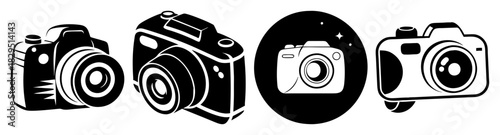 Four stylized cameras in black and white with varying designs and orientations in a row format