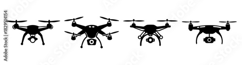 Four drone silhouettes in a row with varying designs and rotor configurations in black and white view