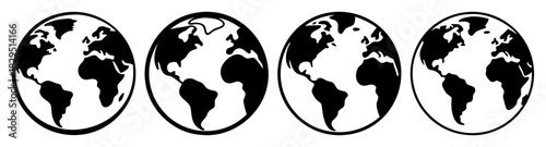 Four stylized world maps in black and white with oval shapes and varying perspectives presented side by side